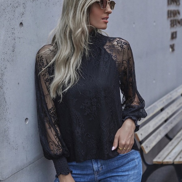 black classic lace mock neck sheer sleeve top - Picture 5 of 5